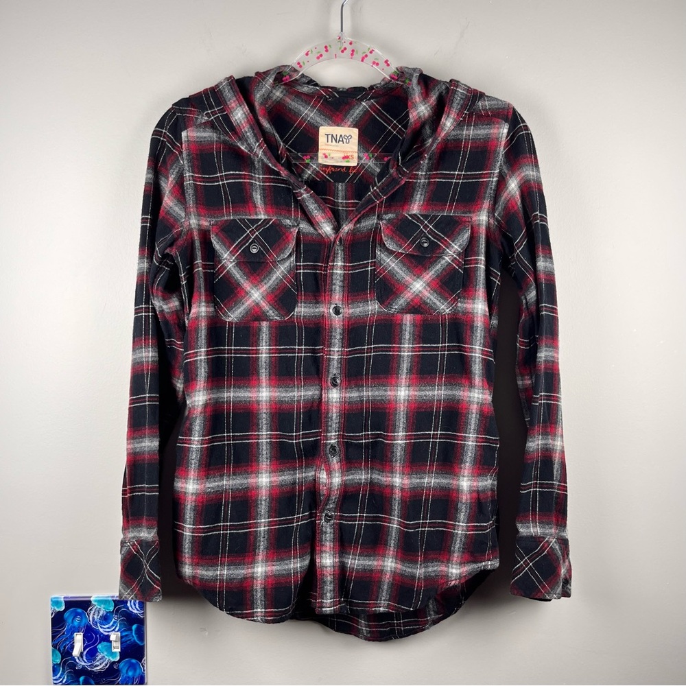 TNA Boyfriend Fit Hoodie Red Flannel Button Down Top Shirt Grunge XXS 90s